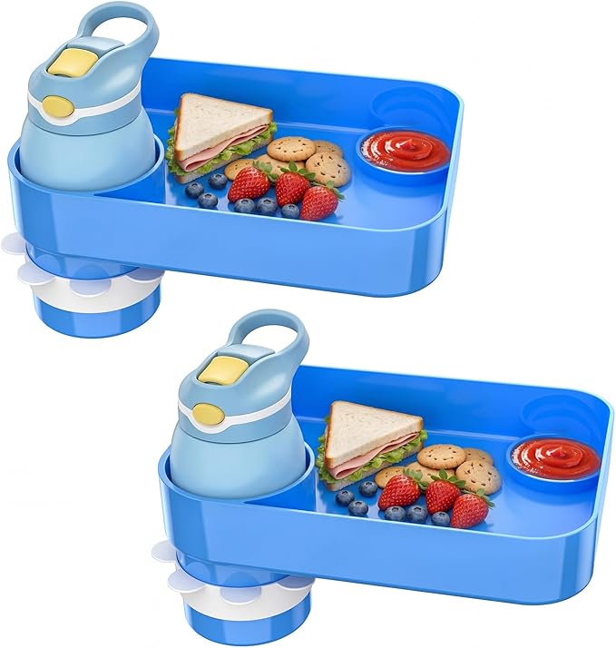 Kids Car Seat Tray, Travel Tray with Cup Holder for Toddler Baby, Kids Car Seat Food Snack Organizer for Road Trip, Stroller Snack Organizer Travel Must Haves Toddler Must Haves (Sky Blue, 2 Packs)
