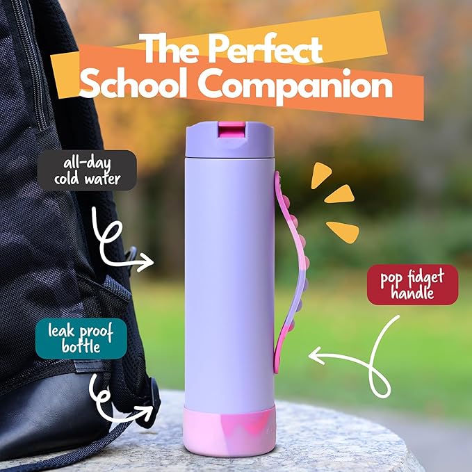 Elemental Iconic Kids Water Bottle for School - 100% Leak-Proof Insulated Water Bottles with Straw Lid & Pop-It Handle for Boys & Girls - Triple-Wall Insulated & BPA-Free, 20oz – Lilac Tie Dye