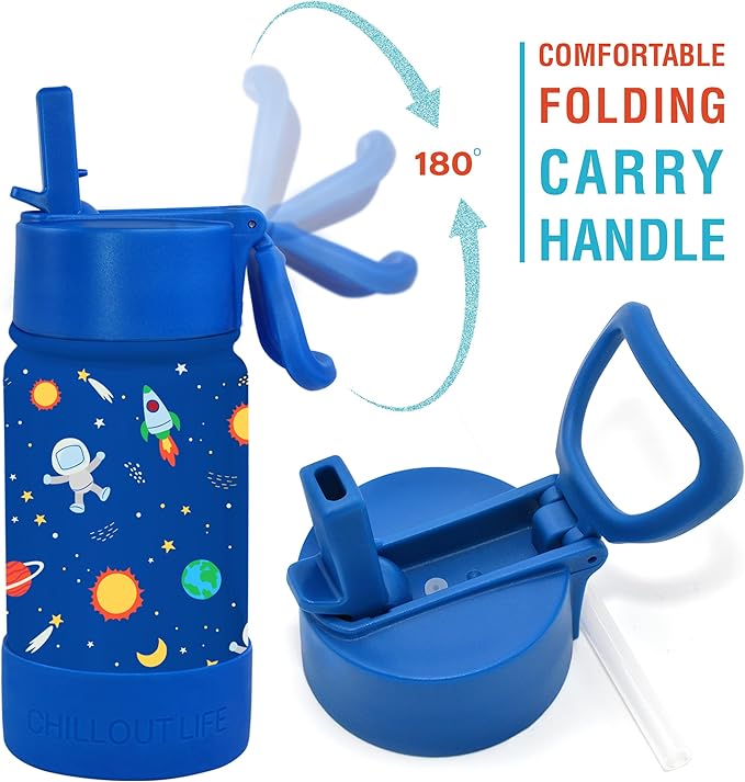 CHILLOUT LIFE 12 oz Kids Insulated Water Bottle for School with Straw Lid Leakproof and Cute Waterproof Stickers, Personalized Stainless Steel Thermos Flask Metal Water Bottle, Blue Space