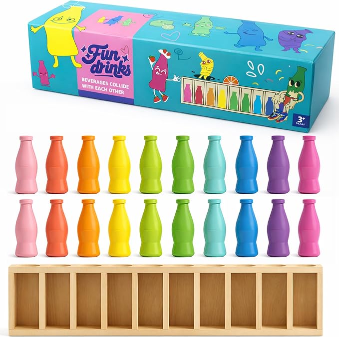 Match The Bottle Color Game, Fun Family Board Game for Kids and Adults 2–4 Players, Bottle Flip Challenge Toy for Travel, Camping, Holidays, Celebrate Birthday Party, Backyard Night (Large, wooden)