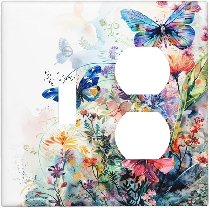 Light Switch Cover Plate Watercolor Colorful Floral Butterflies Wildflowers 2 Gang Decorative Switch Plates 1 Toggle Duplex Combo Outlet Covers GFCI Wall Plates for Bathroom Bedroom Decor