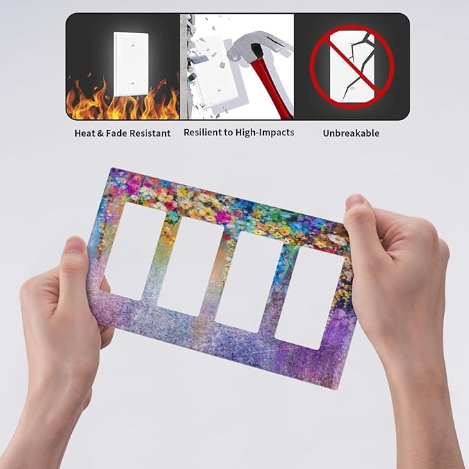 Colorful Floral Watercolor Flower 4 Gang Rocker Decora Light Switch Cover Purple Decorative Outlet Covers Wall Plate Electrical Faceplate Switchplate GFCI for Farmhouse Bedroom Living Room Decor