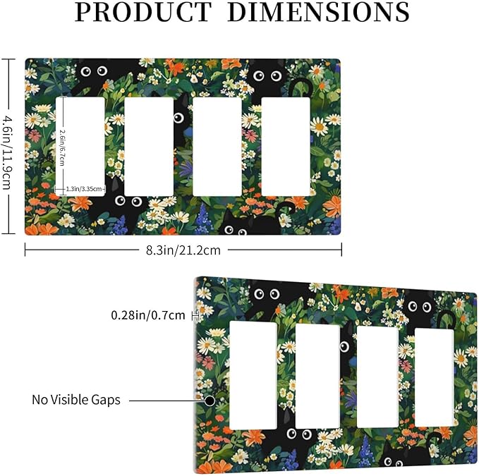 Colorful Lovely Cartoon Cats 4 Gang Screwless Quad Decorator Wall Plate Cool Funny Floral Kitten Kid Boy Electrical Quadruple Device Rocker/Gfci Dimmer Receptacle Outlet Light Switch Cover Face Plate