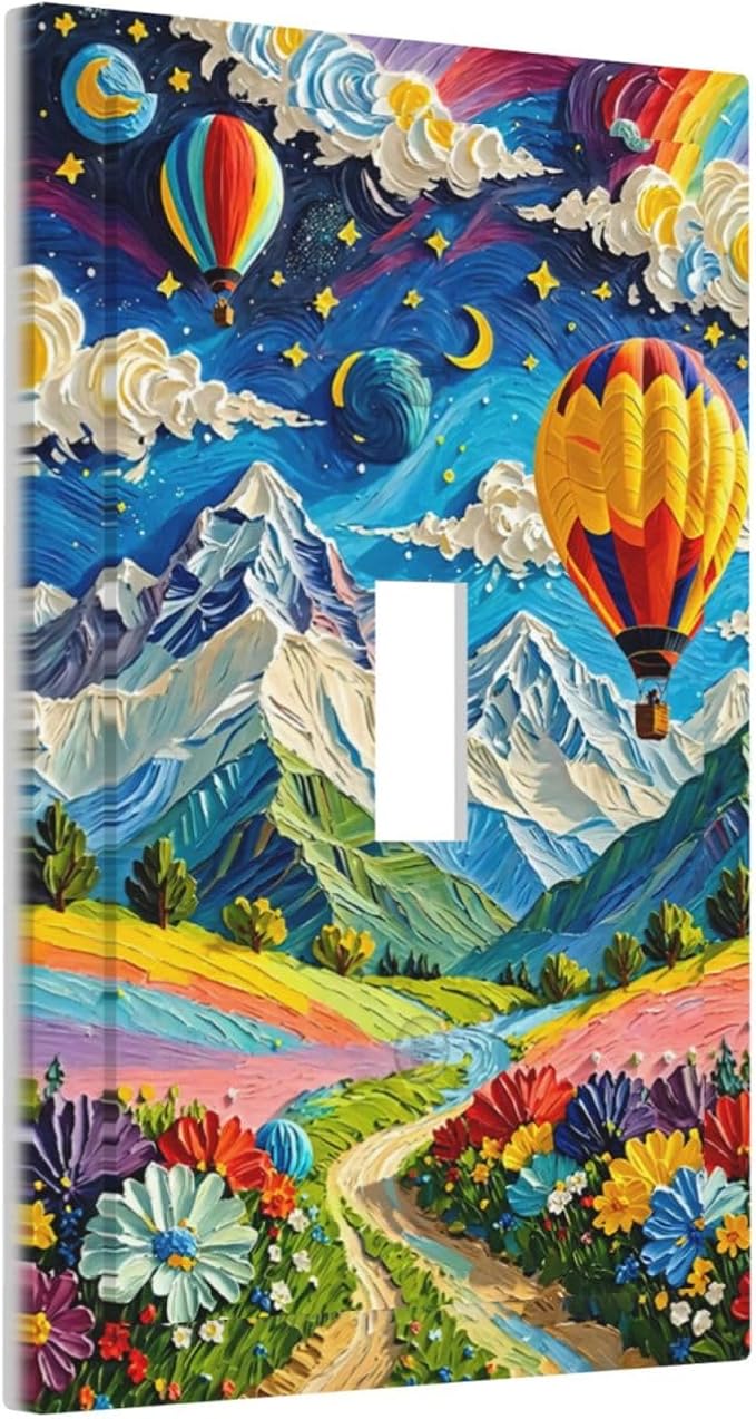 Hot Air Balloons Floral Vibrant Colors Flowers Mountains Stars Moon Decorative Light Switch Cover 1 Gang Single Toggle Device Electrical Faceplate Switchplates Decorator Outlet Wall Plate for Bedroom