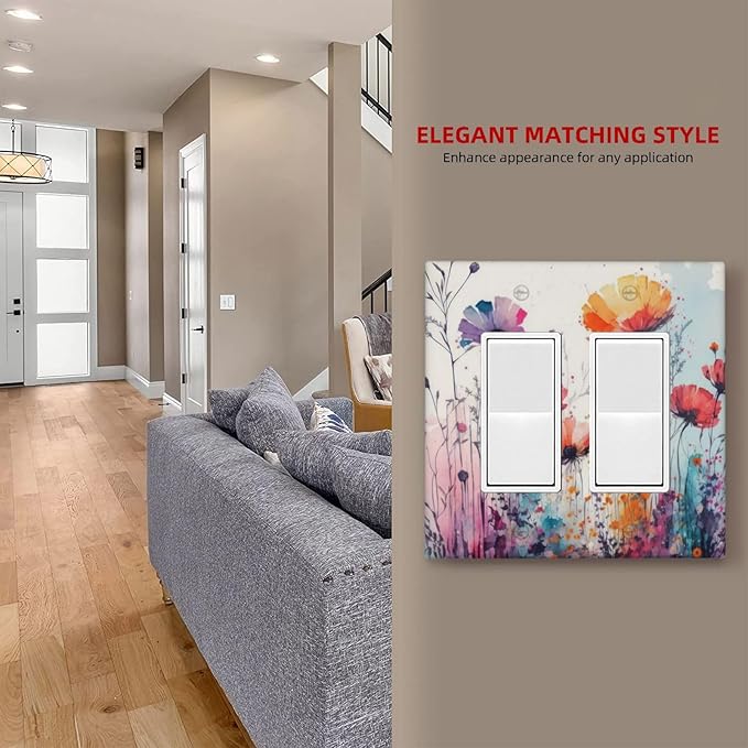 Light Switch Cover Plate Abstract Floral watercolor flowers 2 Gang Wall Plates Double Rocker Outlet Covers Wildflower Decorative GFCI Receptacle Electrical Switchplate for Home Decor