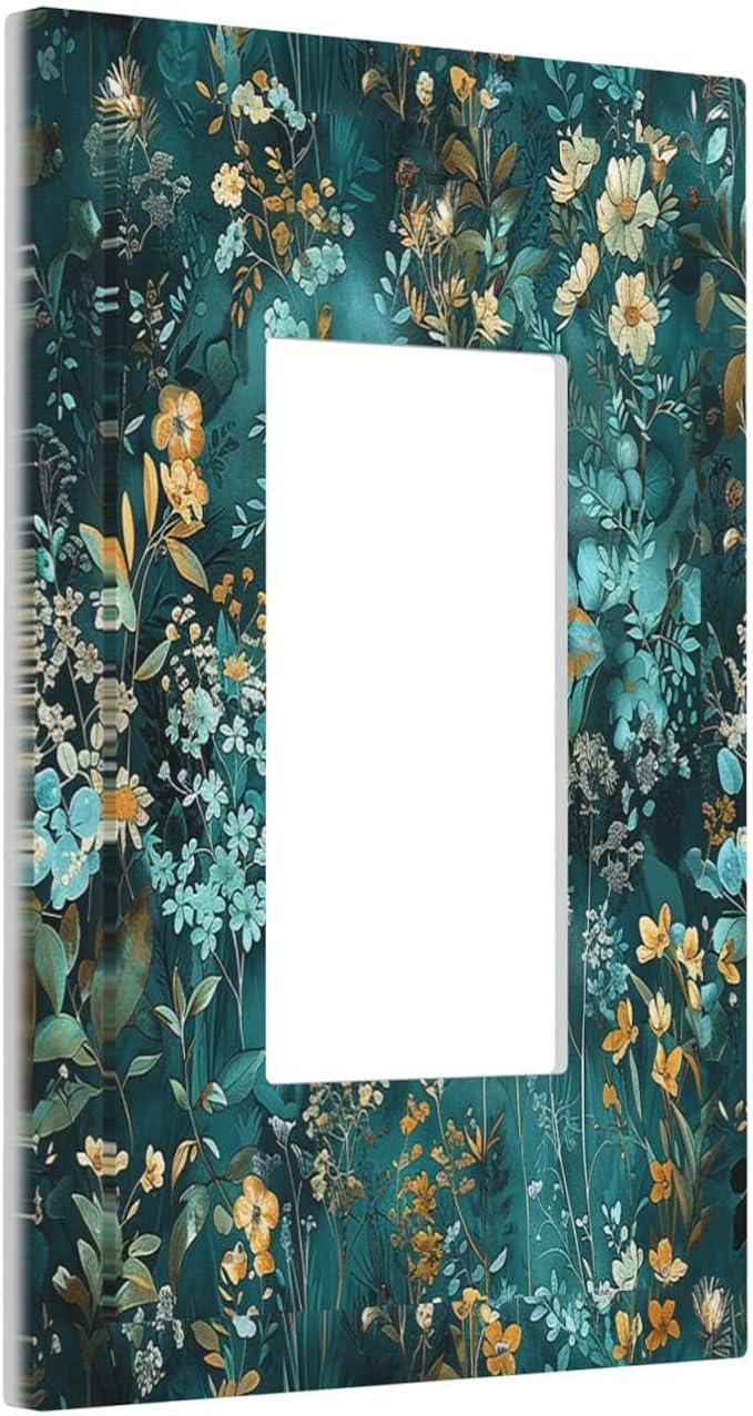 Decorative Outlet Covers Green Leaf Floral Boho Golden Flower Plant 1 Gang Single Rocker Light Switch Cover Plate Wall Plates Gfci Faceplate For Bed Room Cabin Decor