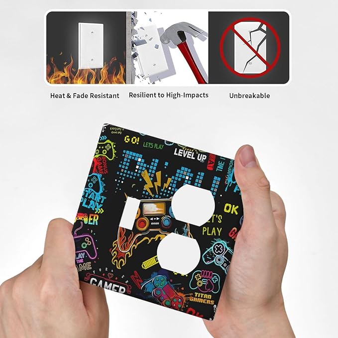 Gamer Video Game Themed Cool Controller Print Wallplates 1 Toggle 1 Duplex Switch Plate Electrical GFCI Faceplate Decorative Light Switch Covers for Kids Room Office Decor