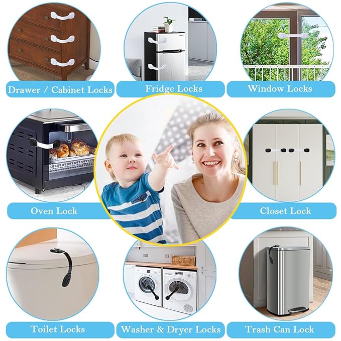 Fursafe&Q Cabinet Locks Baby Proofing, Child Safety Strap Locks Adhesive Black - Child Proof Fridge Lock Drawer Door Toilet Latches No Drill Multi-Purpose for Furniture Kitchen Lock