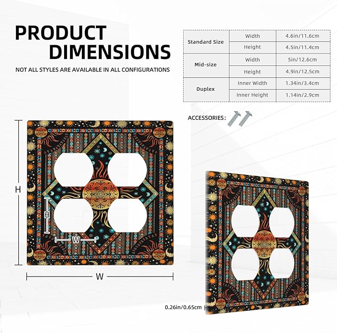 Decorative Outlet Covers Boho Burning Sun Moon Hippie Retro Bohemian Gypsy 2 Gang Wall Plate Single Toggle 1 Rocker Light Switch Cover Switch Plate Covers Faceplate for Home Decor