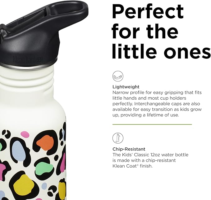 Klean Kanteen 12 oz Classic Kid's Water Bottle with Flip Seal Sport Cap & Straw - 100% Leakproof Cap - Durable Stainless Steel Material - Lightweight & Easy-Grip - BPA-Free - Leopard Print