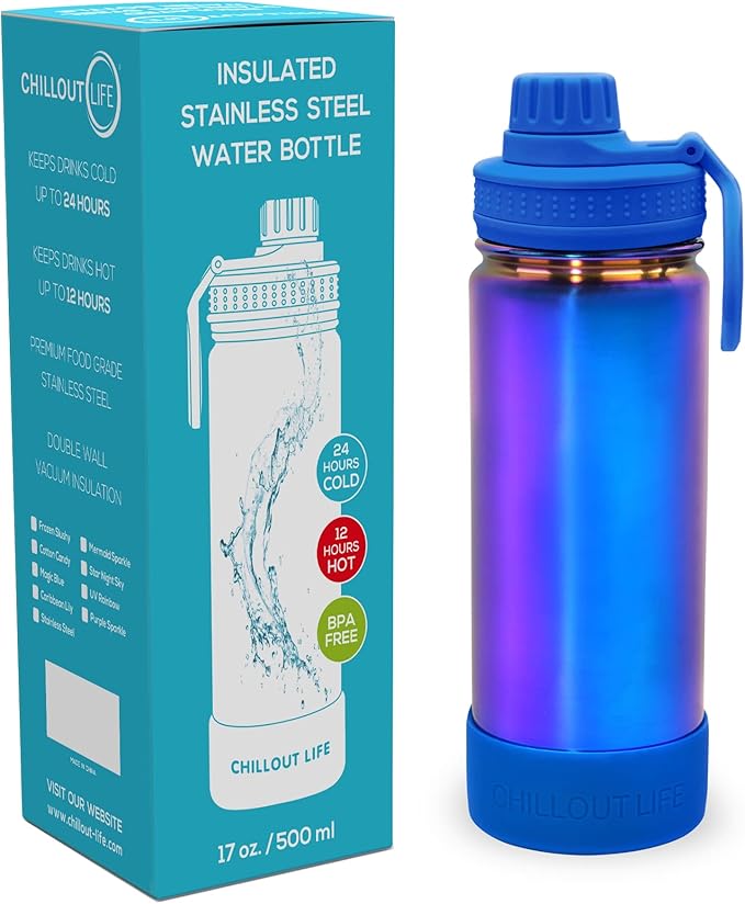 CHILLOUT LIFE 17 oz Kids Insulated Water Bottle for School with Leakproof Spout Lid and Cute Waterproof Stickers, Personalized Stainless Steel Thermos Flask Metal Water Bottle, Dishwasher Safe Color