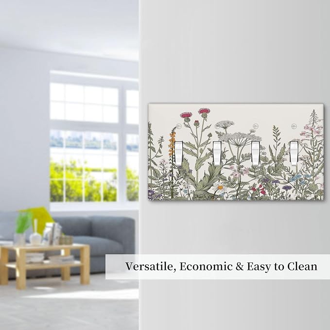Vintage Colorful Wild Flower Floral 4 Gang Quad Toggle Device Light Switch Cover Decorative Wall Plate Decorative Electrical Faceplate Outlet Cover