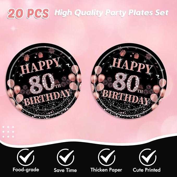 41Pcs 80th Birthday Decorations for Women, Vintage 80 Birthday Black and Rose Gold Disposable Paper Plates and Napkins Party Supplies for 20 Guests, 41Pcs Include 7" Plates Napkins and Tablecloth