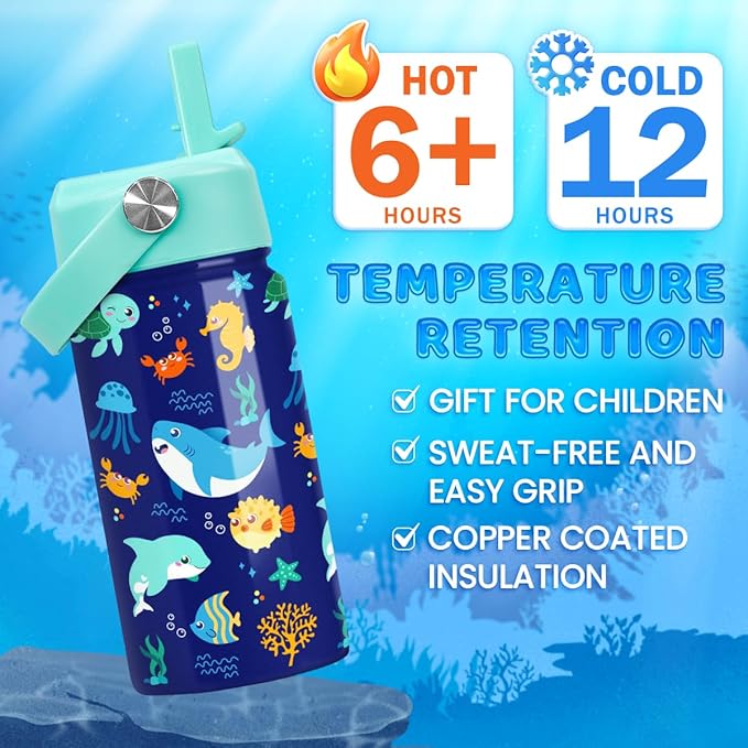 Kids Water Bottle with Straw Lid - 12 Oz Insulated Stainless Steel Ocean Water Bottles for Kid Boys Girls - Travel Cup for School Sports