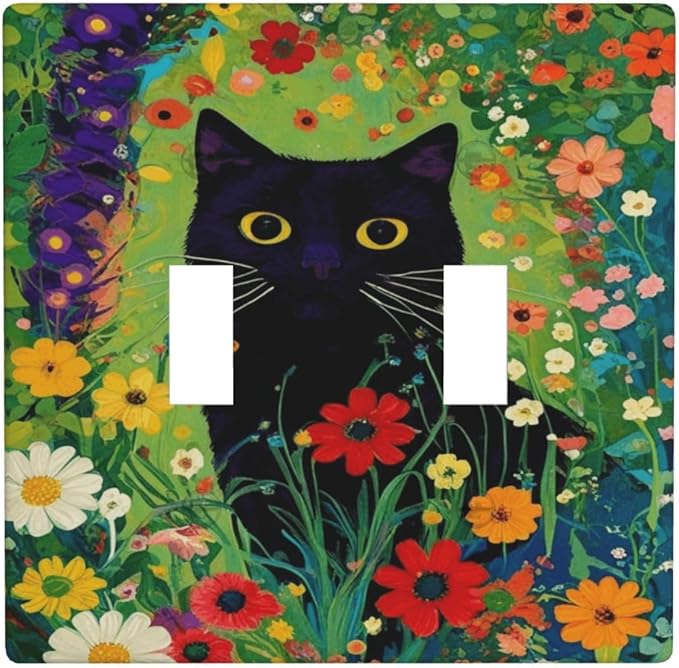 Decorative Art Light Switch Covers Cute Cat & Floral 2 Gang Double Toggle Wall Plate Decorative Switchcover Electrical Switchplate for Home Decor