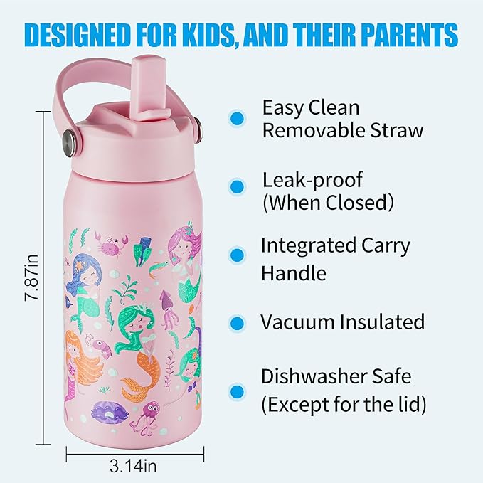 OLDLEY kids Water Bottle - 18oz Insulated Stainless Steel - Wide Straw Lid, Non Spill, Leakproof, Kids Water Bottle for School,Mermaid