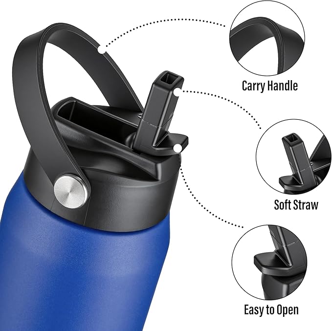 Oldley 18oz Insulated Water Bottle with Straw, Stainless Steel Water Bottle for Sports, Travel, School, BPA-Free Sports Bottles for Adult Kids, Leak-Proof, Klein Blue