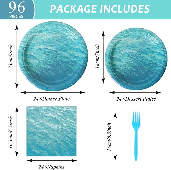 gisgfim 96 Pcs Ocean Sea Plates and Napkins Party Supplies Ocean Waves Birthday Party Tableware Set Sea Theme Party Decorations Favors for Birthday Baby Shower for 24 Guests