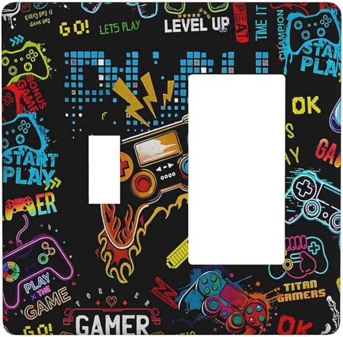 Gamer Video Game Themed Cool Controller Print Outlet Covers 1 Toggle 1 Rocker Combination Decorative Wall Plate Electrical Switch Plates Light Switch Cover Plate for Kids Room Office Decor