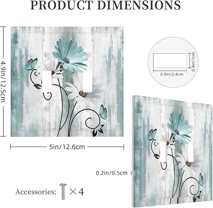 Teal Daisy Vintage Flower Butterfly Rustic Wood Print Decorative Switch Plates 2 Gang Double Toggle Outlet Light Switch Cover Wall Plate Electrical Faceplate for Farmhouse Home Decor