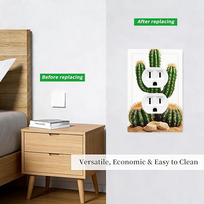 Boho Cactus Garden Duplex Wall Plate - 1-Gang Standard US Size Minimalist Desert Landscape Design Outlet Covers for Bedroom Bathroom Living Room Decor