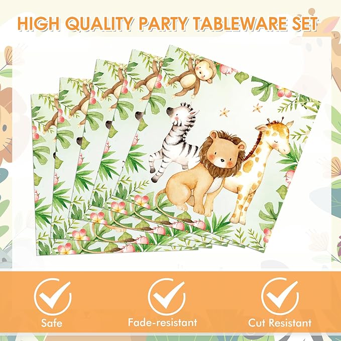 40PCS Jungle Safari Birthday Decorations Disposable Tableware Set Safari Jungle Themed Party Dessert Plates, Napkins Baby Shower Animal Birthday Party Decorations for Boys Girls