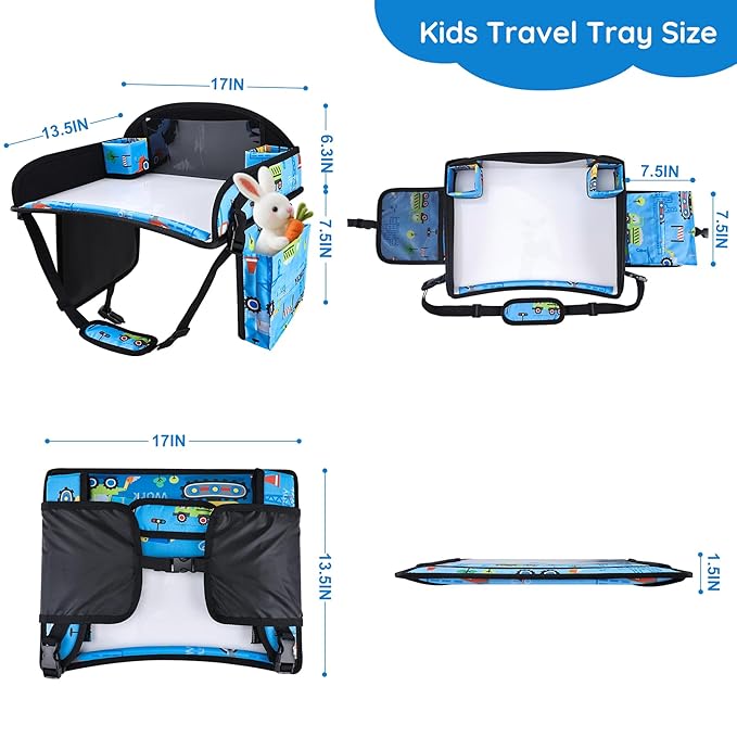 Kids Travel Tray, Kids Travel Trays for Car Seat, Road Trip Essentials for Toddler, Carseat Lap Tray with Dry Erase Board & Storage Organizer for Road Trip Activities for Kid, Light Blue