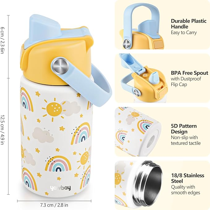 Kids Water Bottle for School 12 oz,Insulated Stainless Steel Water Bottle for Kids,Water Bottles for Toddler Girls Boys with Pop-Up Straw-Cap(Rainbow)