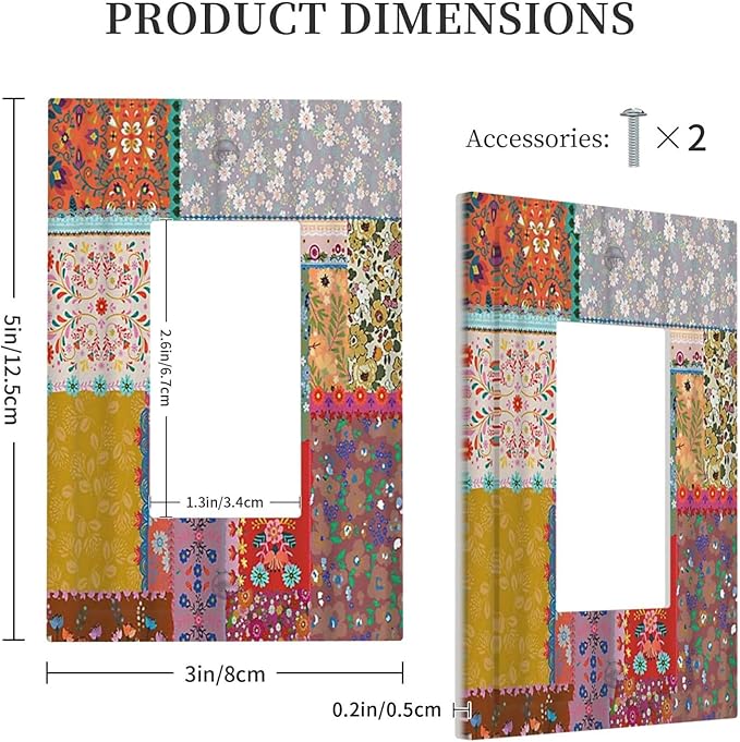 Outlet Covers Boho Patchwork Bohemian Stitching Colorful Floral 1 Gang Wall Plate Single Rocker Light Switch Cover Decorative GFCI Receptacle Cover Electrical Switchplate for Home Decor
