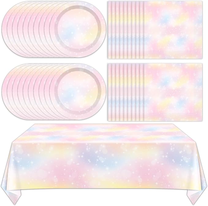 Pastel Rainbow Tableware Set Pastel Birthday Party Plates Napkins Rainbow Theme Party Disposable Table Cover Boho Cake Dessert Dinnerware for Kids Girls Baby Shower Birthday Wedding Decor Supplies