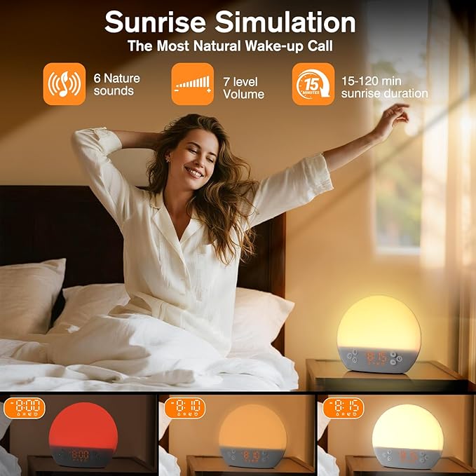 KEPLUG Wake Up Light Sunrise Alarm Clock,Digital Alarm Clocks Bedside Dimmable Night Light,White Noise Sound Machine 30 Soothing Sounds, Loud Alarm Clock for Heavy Sleepers Adults Kids,Ideal for Gift