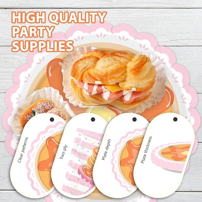 96 Pcs Pancakes and Pajamas Scalloped Party Supplies Pajama Brunch Birthday Plates and Napkins Pink Night Sleepover Tableware Set for Girl Brunch Slumber Birthday Party Supplies, Serves 24