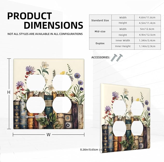 Plant Floral Books Colorful Flower Outlet Covers 2 Gang Double Duplex Decorative Light Switch Covers Electrical Wallplates Socket Faceplate for Kids Room Bedroom Decor