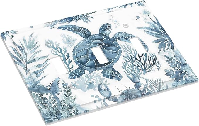 Blue Sea Turtle Coastal Coral Beach Crab Seaweed Decorative Switch Plates 3 Gang Wall Plate Triple Toggle Light Switch Cover Faceplate Electrical Wall Panels for Kids Room Bathroom Decor