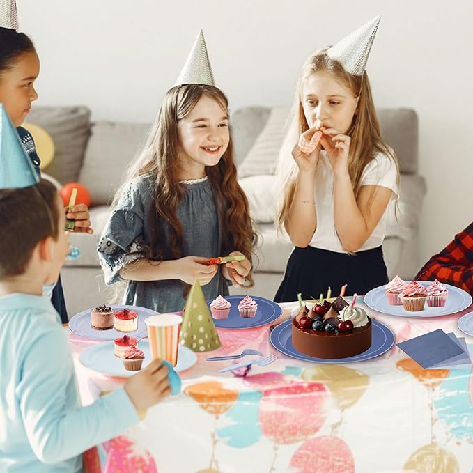 FoldTier 96 Pcs Dusty Blue Gradient Tableware Sets for 24 Guests Include 9 '' and 7'' Paper Party Plates Disposable Cocktail Napkins Plastic Forks Dinnerware for Birthday Wedding Tea Party Baby Shower