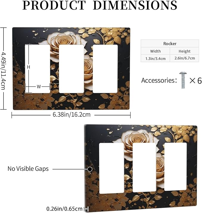 Decorative Outlet Covers Big Golden White Roses Glod Leaves Black Background 3 Gang Wall Plate Triple Rocker Switch Light Switch Plate Covers Jumbo Electrical GFCI Switch Cover Plate