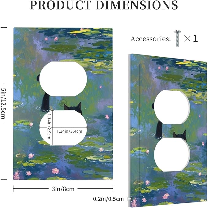 Decorative Outlet Covers Cute Black Cat Water Lily Pond Watercolor 1 Gang Duplex Light Switch Cover Plate Electrical Switch plates WallPlates Socket Covers for Kids Room Nursery Decor