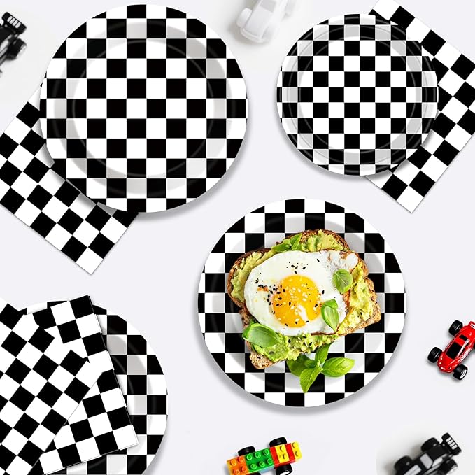 40 Pcs Race Car Plates and and Napkins - Black and White Checkered Birthday Decorations Tableware, Racing Cars Dinner Dessert Paper Plates Checkered Flag Napkins Set for Race Car Sport Party Supplies