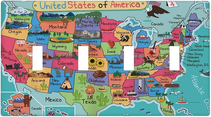 American Map 4 Gang Light Switch Cover Decorative Quad Toggle Wall Plate Decorative Electrical Faceplate for Kitchen Home Barn Farmhouse Decorate Large 8" x 4.5