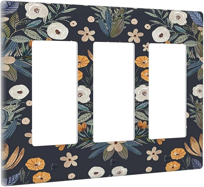 Boho Leaf Floral Navy Blue Background 3 Gang Rocker Light Switch Covers Triple Outlet Wall Plate Decorative Switchplate Cover Faceplate GFCI for Farmhouse Country Bedroom Decor
