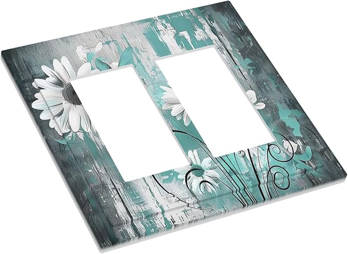 Decorative Outlet Covers Teal Daisy Floral Vintage Wood Plank 2 Gang Double Gfci Rocker Electrical Wall Panels Light Switch Cover Plate For Farmhouse Cabin Decor