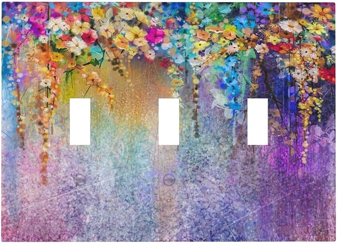 Colorful Floral Watercolor Flower 3 Gang Light Switch Plate Decorative Purple Triple Toggle Wall Plate Cover Electrical Faceplate Switchcover for Farmhouse Bathroom Home Bedroom Art Panel Decor
