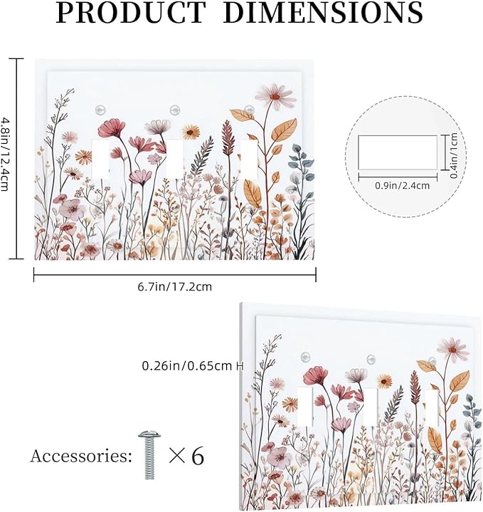 Decorative Switch Plates Spring Floral Pink Wildflower Leaves Plants 3 Gang Wall Plate Triple Toggle Light Switch Cover Faceplate Electrical Wall Panels For Home Bed Room Decor