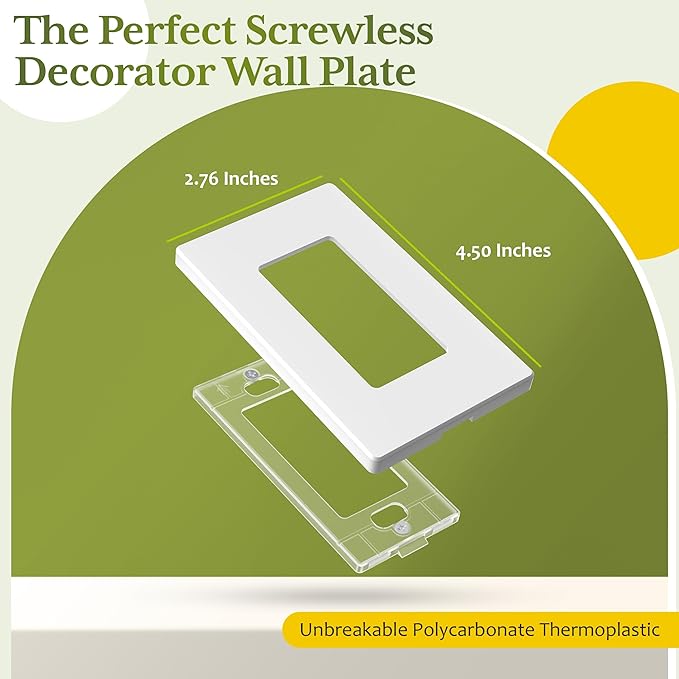 TG Screwless Decorator Wall Plates Child Safe Outlet Covers, Size 1-Gang 4.50" H x 2.75” L, Unbreakable Polycarbonate Thermoplastic, UL Listed, Glossy, White (100 Pack)