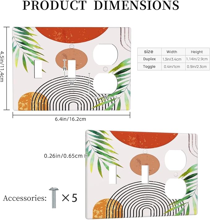 Beige Orange Boho Mid Century Abstract 3-Gang 2-Toggle 1-Duplex Receptacle Combination Light Switch Decorative Triple Combo Device Switches/Rocker Outlet Covers and Wall Plate