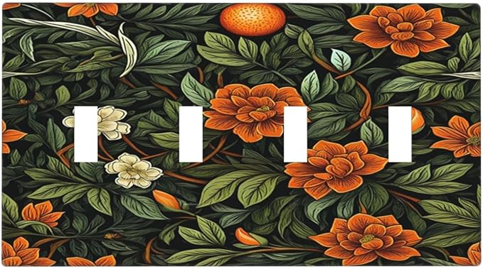 Light Switch Cover William Morris Orange Flowers Rustic Leaves Floral 4 Gang Quad Toggle Decorative Switch Plates Electrical Wall Plates Faceplate for Bathroom Bedroom Decor