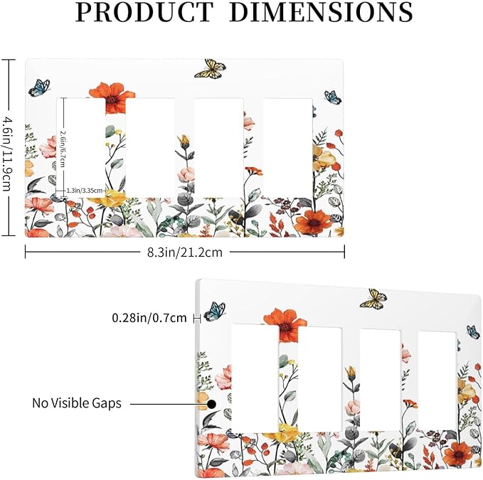 Colorful Butterfly Blossom Flower Floral 4 Gang Quad Rocker Light Switch Cover Decorative Quadruple Device GFCI/Decorator Wall Plate Electric Faceplate Screwless