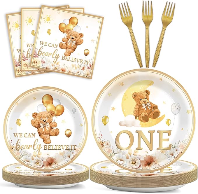 96Pcs Beary First Birthday Decorations Plates Sets, 1st Teddy Bear Paper Plates Napkins for Boy ONE Bear Tableware for 1st Birthday Party Supplies (24 Guests)