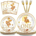 96Pcs Beary First Birthday Decorations Plates Sets, 1st Teddy Bear Paper Plates Napkins for Boy ONE Bear Tableware for 1st Birthday Party Supplies (24 Guests)