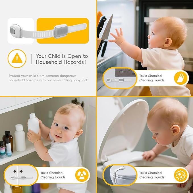 8 Packs Cabinet Locks Baby Proofing, Child Proof Cabinet Locks with 3M Adhesive, No-Drill Child Safety Cabinet Lock, Flexible for Drawer, Door, Fridge, Trashcan, Toilet Seat, Pantry